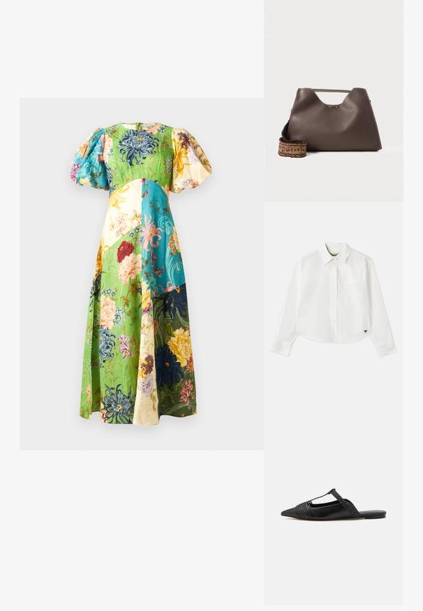 Ziedu maxi kleita ar puff piedurknēm; satur zaļu, zilu, dzeltenu un krēmīgu paneļus. Tekstūrēta auduma ar dažādām ziedu rakstiem.; Balta, īsa garuma piedurkņu krekls, kas izgatavots no kokvilnas. Tam ir pogājama priekšpuse, krūšu kabata un mazs melns logo apakšējā kreisajā stūrī.; Melnas ādas slingback kurpes ar norādītu purngali, kurām ir austoša akcenta un krokota augšdaļa. Plakana zole ar minimālu aparatūru.; Brūna ādas rokassoma ar strukturētu apdari, leņķīgu dizainu un izteiksmīgu augšējo rokturi. Iespējamā rakstaina austā siksna.