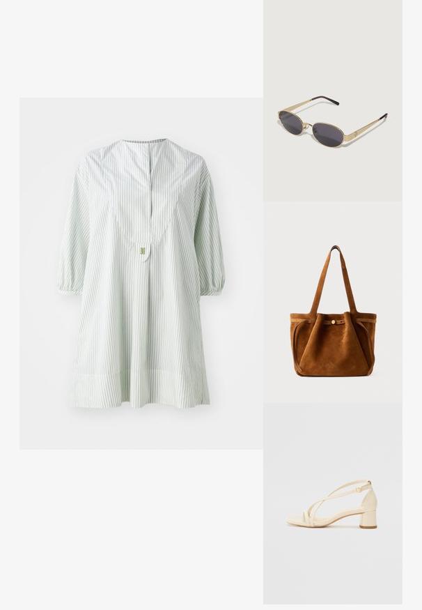 Lichtgroene gestreepte tuniek met een ronde halslijn, korte pofmouwen en knoopdetails op de rug. Gemaakt van zachte, lichte stof.; Beige hakken sandalen met een blockhak, strappy ontwerp en verstelbare enkelband, gemaakt van glad synthetisch materiaal met een matte afwerking.; Gouden metalen zonnebril met ovale donkere glazen. Slanke pootjes gaan over in paarse uiteinden. Opvallend logo detail aan de zijkant.; Bruine suède totebag met dubbele handvaten, een knoopsluiting en een ontspannen, iets slonzige vorm.