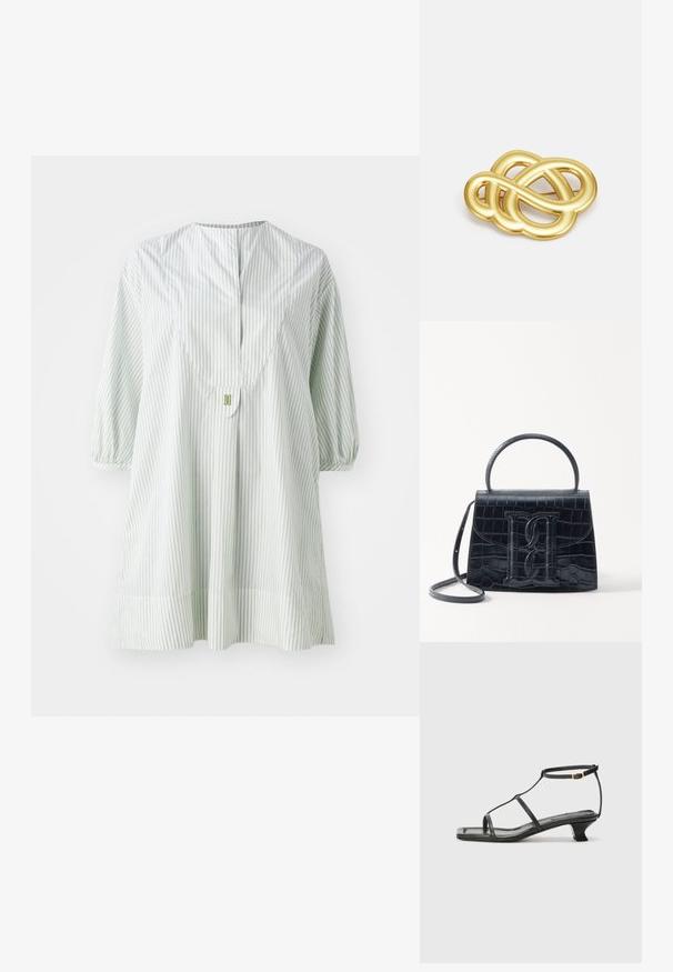 Šviesiai žaliai dryžuota tunika su apvaliu iškirpimu, trumpomis pūkuotomis rankovėmis ir sagos detale nugaroje. Pagaminta iš minkštos, lengvos medžiagos.; Juodas odinis sandalai su kvadratiniu pirštu, plonomis dirželiais, reguliuojamu kulkšnies dirželiu ir žemu kulnu. Yra nedidelis aukso akcentas ant dirželio.; Juodas krokodilo rašto odinis rankinės krepšys su struktūruotu dizainu, viršutine rankena, reguliuojamu dirželiu ir išsiskiriančiu priekinio logo detale.; Aukso tono sagė, pasižyminti mazgo dizainu su glotniais, kreivais linijomis ir sudėtinga forma, atspindinčia poliruotą paviršių.