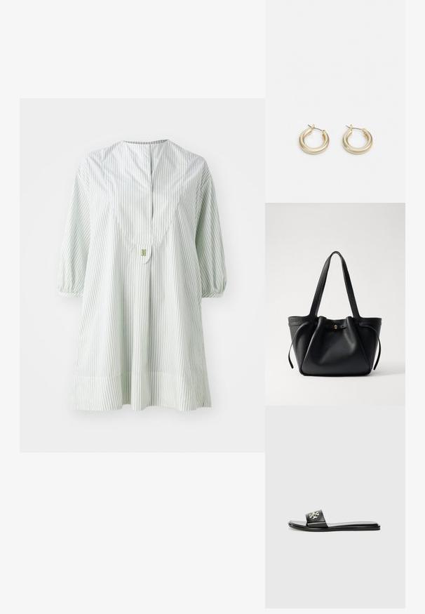 Tunica a righe verde chiaro con scollatura rotonda, maniche a sbuffo corte e dettaglio dei bottoni sul retro. Realizzata in un tessuto morbido e leggero.; Sandaletto piatto nero in materiale sintetico, caratterizzato da una larga fascia con un riflesso metallico del logo e una finitura liscia e lucida.; Borsa a spalla in pelle nera con due manici lunghi, parte superiore arricciata e un accento circolare dorato. Texture liscia con un design minimalista.; Lauren Ralph Lauren BASIC SMALL HOOP - Orecchini - gold-coloured