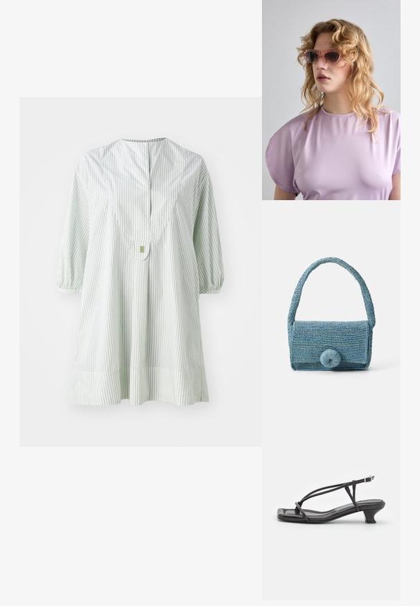 Túnica de rayas verde claro con cuello redondo, mangas cortas abullonadas y detalle de botones en la parte posterior. Confeccionada en una tela suave y ligera.; Sandal de cuero negro con tiras finas, tacón bajo cuadrado y punta cuadrada. Presenta un cierre de hebilla y una textura suave.; Gafas de sol tintadas de rosa con un marco geométrico, combinadas con una blusa suave de lavanda con un escote redondo y mangas cortas.; Bolso de mano azul tejido con una superficie texturizada, forma rectangular, asa corta y un gran detalle de cierre redondo en la parte delantera.