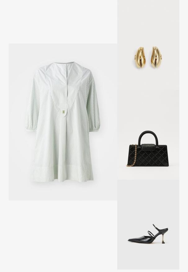 Gaiszaļš svītrainais tunikas ar apaļu izgriezumu, īsām pūkainām piedurknēm un pogu detaļu aizmugurē. Izgatavots no mīksta, viegla auduma.; Melna ādas kurpe ar smailu purngalu un diviem regulējamiem siksniņām, kā arī metāla papēdi. Gluda tekstūra un minimālistisks dizains.; Melnā rokassomiņa, kas izgatavota no teksturētas ādas, ar dimanta rakstu, zelta toņa ķēdes siksnu un augšējo rokturi ar logo reljefā slēgšanu.; Zelta tonis auskari ar plūstošu, izliekta dizaina formu. Katrs auskar ir ar gludu virsmu un nelielu aizdari ar dekoratīvu detaļu.