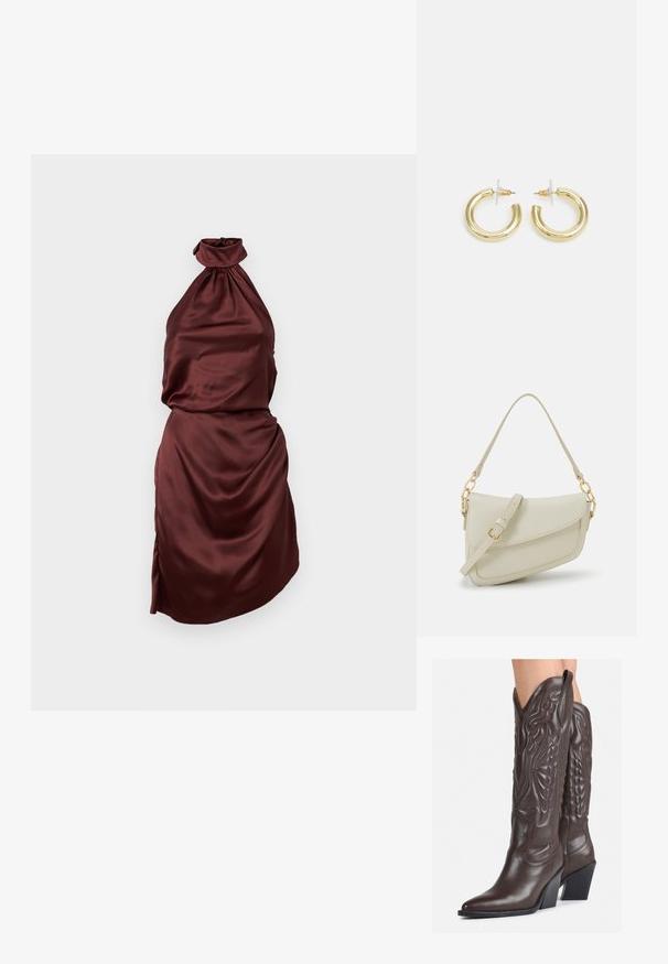 Burgundijas satīna haltera tipa kleita ar savilkta kakla izgriezumu, pieguļošu augšu un plūstošu svārku, ar sānu robu. Gluda tekstūra.; Brūni ādas kovboju zābaki ar norādītu purngalu un blokveida papēdi, ar detalizētu šūšanu un paceltiem akcentiem uz kājas daļas.; Maza krēmkrāsas rokas soma ar teksturētu apdari, garu regulējamu siksniņu, ķēdes akcentu un vāciņa aizdari. Zelta aparatūras detaļas.; Zelta auskari ar gludu, spīdīgu apdari. Apaļš dizains, kas ietver mazu tapu un caurspīdīgu pamatni drošai valkāšanai.