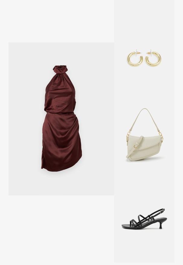 Burgundijos satino halter stiliaus suknelė su susirinkusia iškirpte, prigludusia liemene ir drapiruota sijona, turinti šoninį skilimą. Lygus paviršius.; Juodos aukštakulnės šlepetės su keliais perrištomis juostelėmis. Lygi medžiaga, smailas nosis ir siauras kulnas. Reguliuojama kulkšnies juostelė su sagtimi.; Mažas kreminis rankinukas su tekstūruotu paviršiumi, ilga reguliuojama juostele, grandinėle ir užsegimu su atvartu. Aukso detalės.; Aukso auskarai su lygiu, blizgiu paviršiumi. Apvalus dizainas su maža užrakto dalimi ir skaidria atrama saugiam nešiojimui.