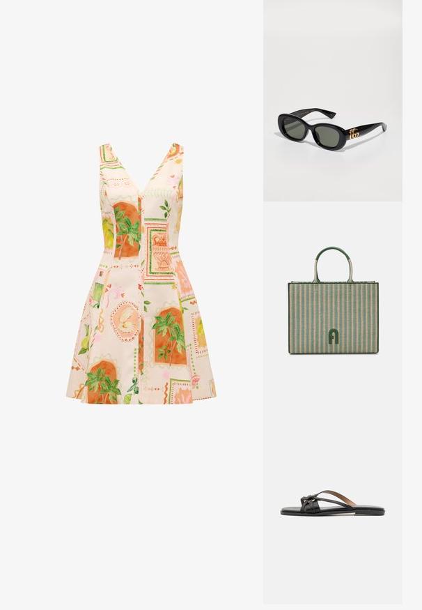 Een mouwloze jurk met een diepe V-hals, gemaakt van een lichte stof versierd met kleurrijke botanische prints in oranje en groen.; Zwarte leren flip-flopsandalen met dunne, kruiselings verstelbare banden en een platte zool, met een minimalistisch ontwerp en een gladde textuur.; Zwarte plastic zonnebril met groene lenzen, met een ovale vorm en gouden logo detail op de veren. Gladde textuur en glanzende afwerking.; Groene en beige gestreepte draagtas met twee handvatten, gemaakt van geweven materiaal, met een groen logo detail aan de voorkant. Rechthoekige vorm.