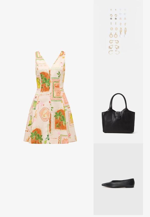 A sleeveless dress with a deep V-neck, featuring a light fabric decorated with colorful botanical prints in orange and green.; Black leather ballet flat, pointed toe, minimalistic design, smooth texture, low-profile heel, no visible hardware or embellishments.; Black leather tote bag with smooth texture, structured shape, two handles, and a prominent silver buckle detail on the front.; Set of gold-tone earrings featuring various designs, including studs, hoops, and dangling pieces with pearls and rhinestones.