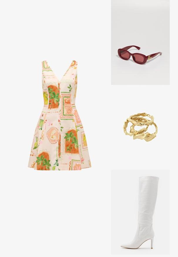 Un vestido sin mangas con un escote en V profundo, confeccionado con una tela ligera decorada con estampados botánicos coloridos en naranja y verde.; RAID TRIBUTE - Botas de tacón - white; Gafas de sol de plástico rojo con montura rectangular, lentes tintados y un acento de logo dorado en las patillas. Acabado suave y brillante.; Anillos retorcidos en tono dorado apilados juntos, con un diseño texturizado y bordes suaves y curvos, creando una apariencia orgánica y fluida.