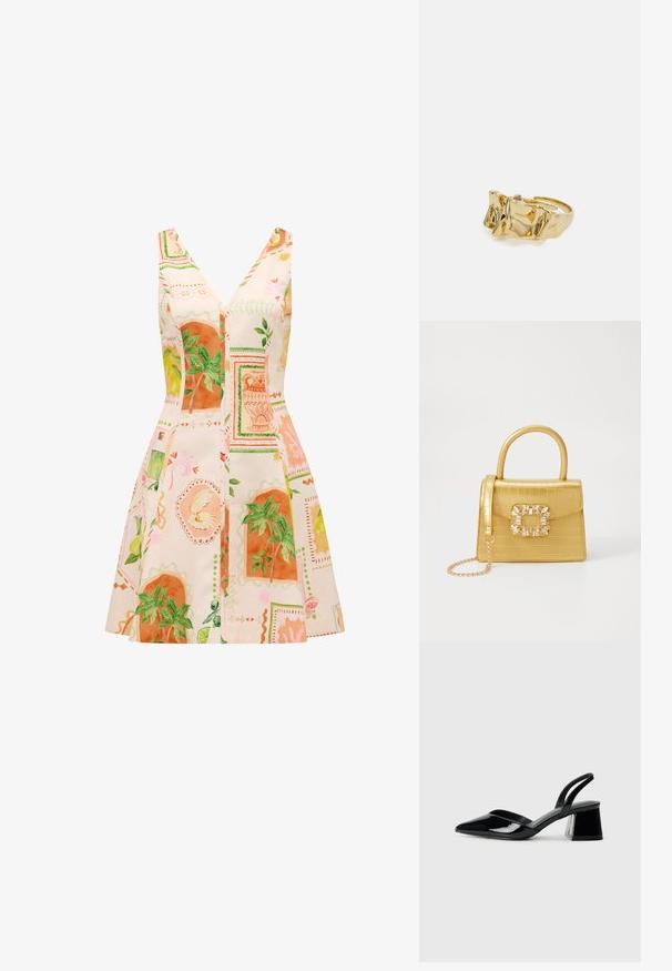 A sleeveless dress with a deep V-neck, featuring a light fabric decorated with colorful botanical prints in orange and green.; Black patent leather slingback heels with a pointed toe and a geometric block heel. Features a sleek, minimal design and smooth texture.; Yellow faux-crocodile handbag with a structured design, top handle, detachable chain strap, and decorative crystal embellishment on the clasp.; Gold ring with textured, wavy design featuring three prominent peaks. Smooth, shiny surface with an open band for adjustable fit.