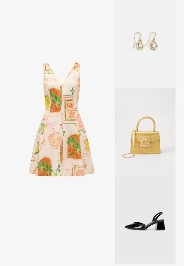 Bezrūšu kleita ar dziļu V veida kaklu, kas izgatavota no viegla auduma, kas rotāts ar krāsainiem botāniskiem rakstiem oranžā un zaļā krāsā.; Melna lakota āda ar atvērto papēdi, ar smailu purngalu un ģeometrisku blokpapēdi. Iezīmējas elegants, minimāls dizains un gluda tekstūra.; Dzeltena mākslīgā krokodila roku soma ar strukturētu dizainu, augšējo rokturi, noņemamu ķēdes siksniņu un dekoratīvām kristāla rotājumiem aizdares daļā.; Zelta tonī veidotas auskaru piekariņi ar ovālu izgriezumu caurspīdīgām kristālēm, kuras ieskauj mazākas caurspīdīgas akmeņu daļiņas, ar āķveida dizainu drošai valkāšanai.