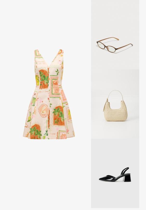 Ujjatlan ruha mély V-nyakkal, amely világos anyagból készült, és élénk narancssárga és zöld növényi mintákkal van díszítve.; Fekete lakk bőr szandálkés magas sarkú cipő, hegyes orral és geometrikus tömbsarkakkal. Karcsú, minimalista dizájn és sima textúra jellemzi.; Barna teknős páncélmintás szemüveg, ovális lencsékkel, vékony szárakkal és átlátszó részletekkel. A templomon diszkrét logó található. Elegáns, könnyű dizájn.; Bézs színű, fonott szalmakézitáska ívelt formával, rövid fogantyúval és oldalsó cipzárral. Texturált felülettel és minimalista dizájnnal rendelkezik.