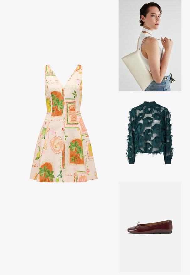 Ein ärmelloses Kleid mit tiefem V-Ausschnitt, aus einem leichten Stoff, der mit bunten botanischen Drucken in Orange und Grün verziert ist.; Türkise durchsichtige Bluse mit strukturierten, ausgefransten kreisförmigen Mustern, hohem Halsausschnitt und langen Ärmeln mit geradem Saum. Mit Schlüsselaugenverschluss im Rücken.; Burgunderfarbenes, lackiertes Ballettschuh mit abgerundetem Zehenbereich, kleiner Schleifenakzent vorne und einer niedrigen, schwarzen Gummisohle. Glatte Textur.; Weiße rechteckige Clutch aus glänzendem Material mit einem silbernen Kettenriemen. Das Model posiert und präsentiert die Tasche vor einem schlichten Hintergrund.