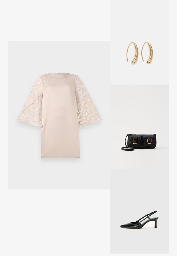 Bežs kleita ar taisnu siluetu, ar plānām ziedu izšūtām piedurknēm gaisīgā krēmkrāsā. Materiāls ir gluds un viegls.; Melna patent āda ar slīdošo papēdi un smailo purngalu, ar teksturētu čūsku drukājumu, regulējamu siksniņu un īsu teksturētu blokpapēdi.; Melnas ādas crossbody soma ar divām priekšējām kabatām, zelta sprādzēm, ar rāvējslēdzēju aizdari un šauru siksnu. Strukturēta virsma un kompakta taisnstūra forma.; Zelta toņu metāla gredzena auskari ar izliektu, pagarinātu formu. Ar gludu, spīdīgu virsma un noapaļotu galu papildu detaļām.
