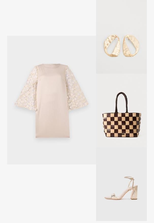 Bežs kleita ar taisnu siluetu, ar plānām ziedu izšūtām piedurknēm gaisīgā krēmkrāsā. Materiāls ir gluds un viegls.; Zelta metāla augstpapēžu sandale ar plašu siksnu pār pirkstiem, regulējamu potītes siksnu un teksturētu bloku papēdi.; Brūna un bēša ādas rokassoma ar austu šaha laukuma rakstu un pītām rokturiem uz baltas fona.; Pāris neregulāras ovālas formas zelta toņos metāla auskaru ar teksturētu, nedaudz sitētu virsmu uz baltas fona.