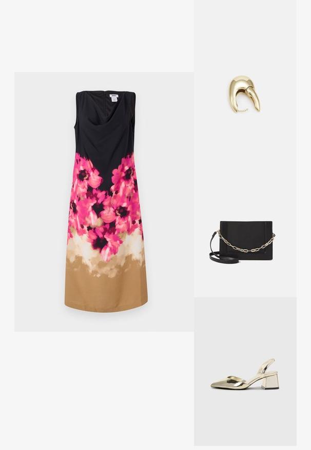 Svart ermeløs kjole med en drapert halslinje. Blomsterdesign i rosa og svart ved midjen, som går over til et helfarget stoff i beige ved kanten.; Gull, metallisk slingback-hæler med spiss tå og chunky hæl. Glatt tekstur, minimalistisk design og en smal stropp.; Svart lær crossbody-veske med glatt tekstur, rektangulær form og metallkjede detaljer på framsiden. Justerbar stroppe inkludert.; Gullfarget metalløredobber med et elegant, buet design. Har en karakteristisk spiss form, polert overflate og hengsel-lukking.