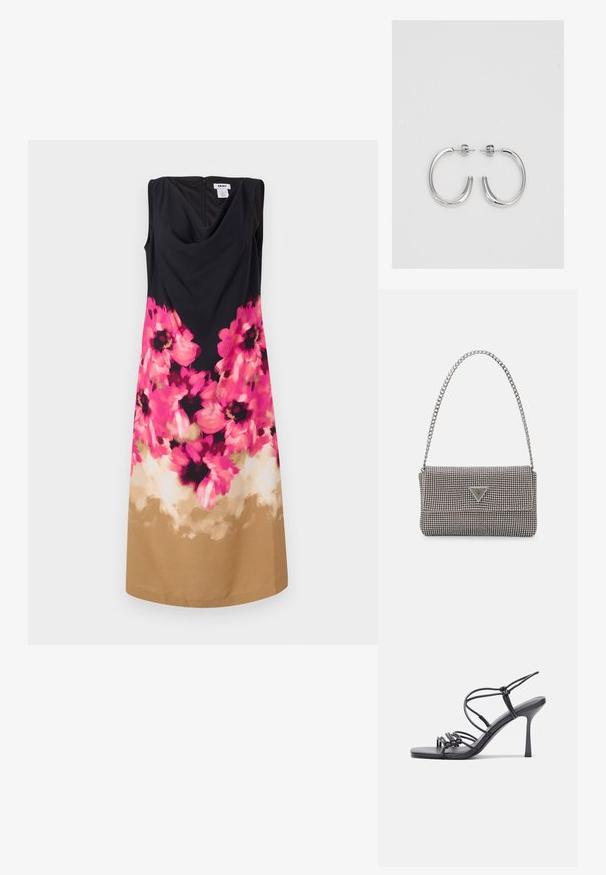 Robe noire sans manches avec un décolleté drapé. Motif floral en rose et noir à la taille, se transformant en un tissu uni beige à l'ourlet.; Des sandales noires à talons hauts avec des fines lanières au design noué, un bout carré lisse et un talon aiguille élégant.; Sac à main en métal gris clair avec une bandoulière en chaîne, orné de petits clous métalliques ronds et d'un logo de marque triangulaire.; Boucles d'oreilles en argent avec une finition lisse et brillante. Forme arrondie, conception légère, avec un fermoir à tige.