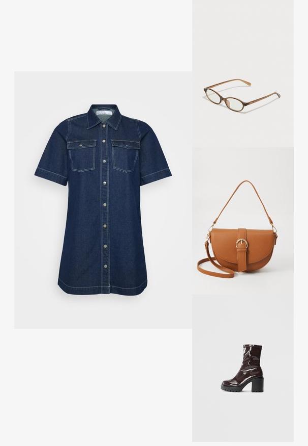 Tumši zilas denima krekla kleita ar īsām piedurknēm, divām krūšu kabatām, pogu aizdari un kontrastējošiem šuvju elementiem.; Spīdīgas bordo potīšu botītes ar masīlu melnu papēdi, kurām ir gluda tekstūra un vienkāršs dizains. Nav redzamu aizdari vai rakstu.; Brūnas bruņurupuču čuguna brilles ar ovālām lēcām, plānām kājām un caurspīdīgām akcentiem. Uz tempļa ir smalka logo. Sleek, viegla konstrukcija.; Brūns ādas plecu soma ar izliekta formu, zelta piederumiem un sprādzes akcentu. Iesaiņota ar noņemamu plecu siksnu.