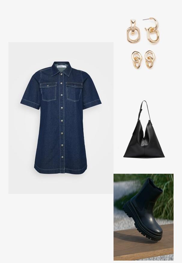 Sötétkék farmering ruházat rövid ujjakkal, két mellzsebbe, gombos záródással és kontrasztos varrási részletekkel.; Fekete bőr bokacsizma tompa talppal, elasztikus oldalsó panellel és sima felülettel. Emelt kialakítás, kontrasztos talp mintázattal.; Fekete bőr, háromszög alakú kézi táska egyetlen állítható vállpánttal, puha, enyhén leomló szerkezettel.; Aranyszínű fülbevalók, amelyek geometriai formák keverékét tartalmazzák: négyzet, kör és összekapcsolt ovális minták, fényes felülettel.