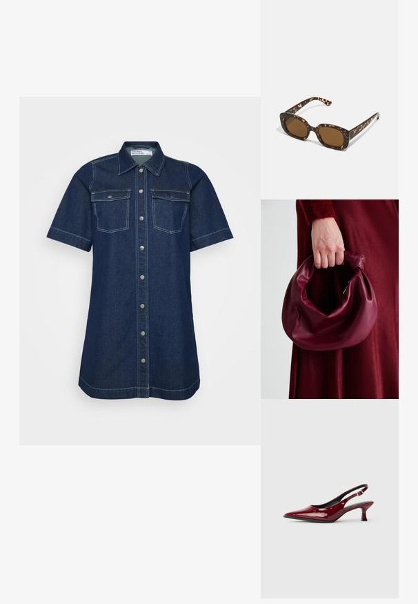 Tumesinis sinelis teksapakk, lühikeste varrukatega, kahe rinna-taskuga, nööpärkliga ja kontrastsete õmblusdetailidega.; Burgundia läikivast nahast slingback-kontsaga kingad, millel on terav varvas ja stiilne stiletto-tald. Avatud tagaosa disain koos reguleeritava pahkluu rihmaga.; Kilpkonnakilbi päikeseprillid ümmarguse, paksu raamiga ja pruunide läätsedega. Omab peeneid mustreid ja sirgeid, kitsenevaid käsi.; Burgundia värvi nahk käekott, millel on pehme, kokku tõmmatav disain ja ümar kuju. Käepide on kindlalt kinnitatud, näidates siledaid pindu.