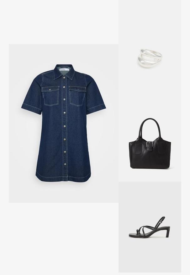 Tummansinisestä denimpaitamekosta, jossa on lyhyet hihat, kaksi rintataskua, napitus ja kontrastiväriset ompeluyksityiskohdat.; Mustat hihnalligat, joissa on neliön muotoinen kärki ja matala lohkokorko. Ominaisuuksiin kuuluu useita ohuita hihnoja ja säädettävä nilkkahihna. Valmistettu sileästä nahasta.; Musta nahkainen olkalaukku, jossa on sileä pinta, ryhdikäs muoto, kaksi kahvaa ja silmienpistävä hopeinen solkiyksityiskohta edessä.; Hopeinen kaksinkertainen rengas, jossa on sileä, kiillotettu pinta. Siinä on sulava, kaareva muotoilu, jossa on päällekkäisiä osia modernin ilmeen saavuttamiseksi.