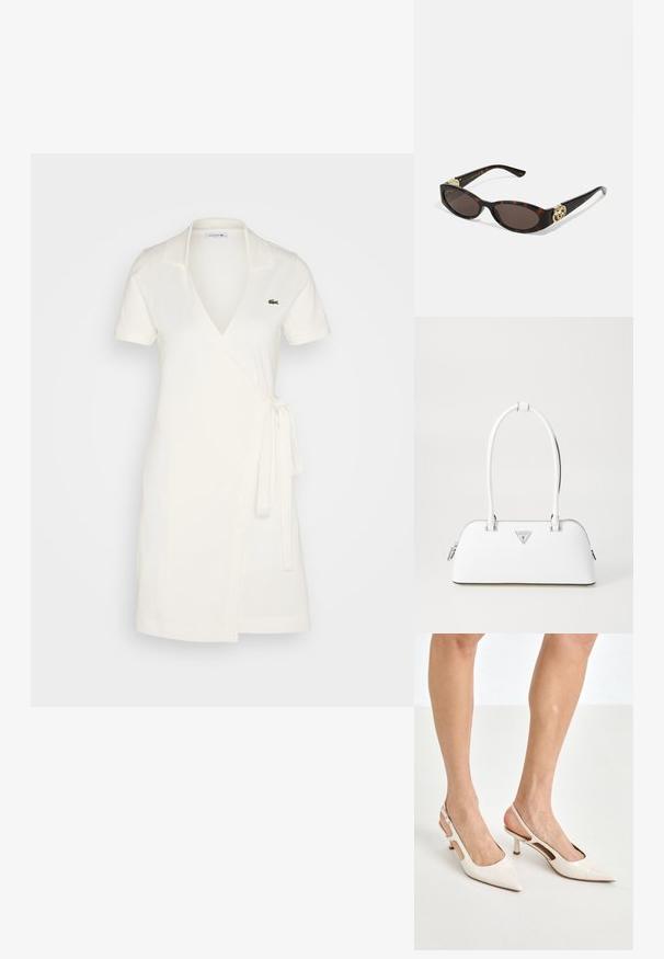 Lacoste Kjole - flour; Beige patent lærstøvletter med spidse tå og 5 cm hæl, med udskårne sider og en tynd ankelrem.; Skilpadde-solbriller med avlange ovale linser, brun tint, gull-logo aksenter på stengene og elegante svarte armer.; Hvit skinnhåndveske med en buet form, utstyrt med en sølvfarget, trekantet logo og glidelåsstengning. Glatt tekstur og doble håndtak.; Perle- og krystalkjede med et rundt, perleformet design i lyse nyanser, med vekslende perler og glitrende detaljer, båret rundt halsen.