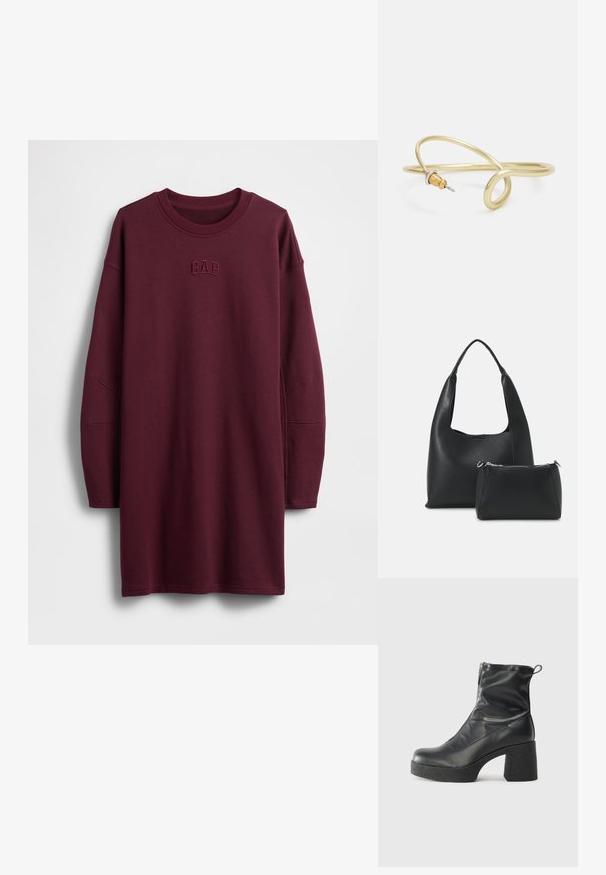 Burgundska obleka iz jopice z dolgimi rokavi, okroglim izrezom in vezenim napisom "GAP" na prsih. Mehka tkanina s sproščenim krojem.; Črne gležnjarje iz gladke kože z božnim zadrgo, masivnim teksturiranim peto in zaobljeno obliko prstov.; Even&Odd Torbica - black; Zlato obarvan kovinski zapestnica s tekočim, ukrivljenim dizajnom. Ima majhen, izstopajoč srebrn poudarek na enem koncu.