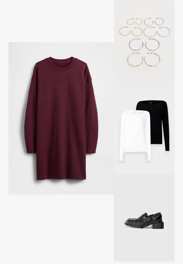 Bordo värvi pusa-kleit pikkade varrukatega, ümara kaelusega ja rinnal tikitud "GAP" logoga. Pehme kangas ja lõdvestunud lõige.; Kaks pikka varrukatopsi. Üks valge ja teine must, mõlemad kerged puuvillased, laia paadikaeluse ja kitsaste lõigetega.; Mustad nahast loafers, millel on struktureeritud tald, kergelt tõstetud plokknina konts ja tekstureeritud ülaserv, mis on kinnitatud ees oleva rihmaga.; Kaksitoista rõngaskõrvarõngast hõbe- ja kuldtoonides. Sisaldab keerutatud, siledat ja tekstureeritud disaini erinevates suurustes ja viimistlustes.