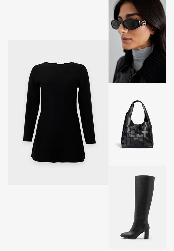 Tunică lungă neagră cu mânecă lungă, cu guler rotund și o ușoară evazare la tiv, pe un fundal alb.; Cizme negre până la genunchi, realizate din piele netedă, având un toc masiv și vârful rotunjit. Design minimalist, fără hardware sau decorațiuni vizibile.; Ochelari de soare negri, cu un cadru rectangular elegant și un accent cu logo auriu pe lateral. Lentile întunecate și finisaj lucios sunt proeminente.; Geantă de umăr din piele neagră împletită, cu o formă lejeră și un umăr lat. Prezintă un design texturat, împletit, cu o finisare netedă.