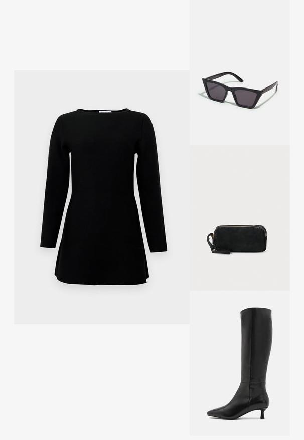 Fekete, hosszú ujjú tunika felső, kerek nyakkivágással és enyhe terjedelemmel az alján fehér háttér előtt.; Zign Csizmák - black; Fekete, szögletes napszemüveg szürke lencsékkel; műanyagból készült, vastag karokkal, sima felülettel és látható hardver nélkül.; Fekete velúr kisestély tasak cipzárral és levehető csuklópánttal. Aranyszínű hardware-rel és sima, matt textúrával rendelkezik.