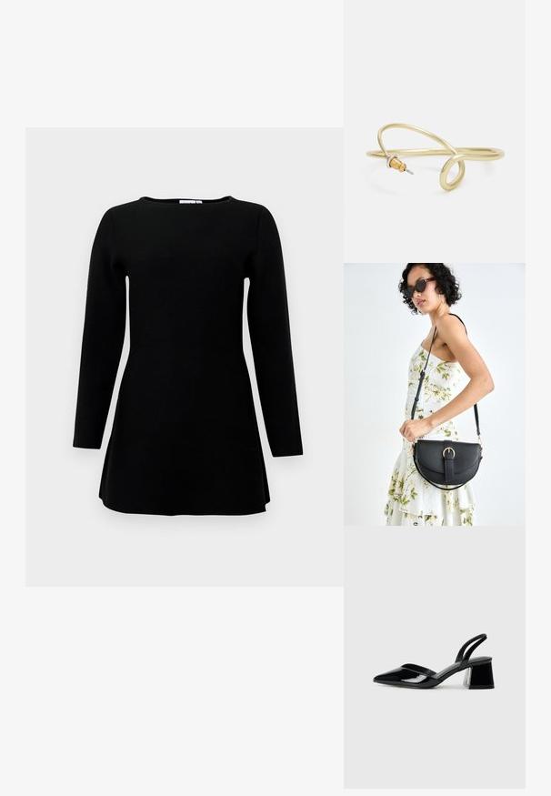 Tunic nera a maniche lunghe con scollo rotondo e leggera svasatura all'orlo su uno sfondo bianco.; Décolleté in vernice nera con punta affusolata e tacco in geometria cubica. Presentano un design elegante e minimalista, con una texture liscia.; Borsa a tracolla nera in pelle con una forma curva, manico rimovibile e accessori dorati. La borsa presenta una patta con un dettaglio a fibbia.; Bracciale in metallo color oro con un design fluido e curvilineo. Presenta un piccolo e prominente accento color argento a un'estremità.