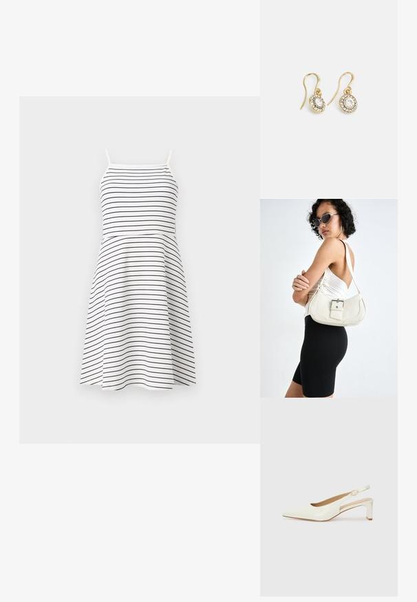 Valkoinen mekko, jossa on tummansiniset vaakaraitat, ohuet olkaimet, muotoiltu yläosa ja levenevä hameosa. Sileä kangas ja rento muotoilu.; Valkoinen patenttilahja slingback-kengä, jossa on terävä kärki ja matala lohkokorko. Varustettu huomaamattomalla hihnalla, jossa on kultasävyinen solkiyksityiskohta.; Valkoinen nahkalaukku, jossa on kaareva muoto, säädettävä olkahihna ja pieni solk yksityiskohta. Mallilla on yllä tiukka musta asu.; Kultaiset korvakorut, joissa on soikeat, läpinäkyvät kivet, joita ympäröivät pienemmät läpinäkyvät kivet. Korvakoruissa on koukkuminen, joka takaa turvallisen käytön.