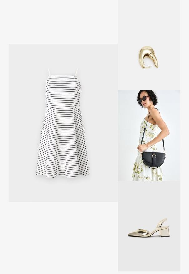 White dress with navy horizontal stripes, spaghetti straps, fitted bodice, and flared skirt. Smooth fabric with a casual design.; Gold, metallic slingback heels with a pointed toe and chunky heel. Smooth texture, minimalistic design, and a narrow strap.; Black leather handbag with a curved shape, detachable strap, and gold hardware. The bag features a flap with a buckle detail.; Gold-tone metal earring with a sleek, curved design. Features a distinctive pointed shape, polished surface, and hinge closure.