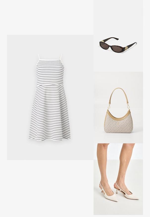 Witte jurk met marineblauwe horizontale strepen, spaghettibandjes, aansluitend lijfje en uitlopende rok. Glad stof met een casual ontwerp.; Beige gepatineerde leren slingback hakken met een spitze neus en een hak van 5 cm, met uitsparingen aan de zijkanten en een dunne enkelband.; Schildpadbril met langwerpige ovale lenzen, bruine tint, gouden logo-accenten op de pootjes en slanke zwarte armen.; Beige handtas met een patroon en een gebogen vorm, leren accenten en een goudkleurig logo aan de voorkant. Beschikt over een kort handvat voor gemakkelijk dragen.