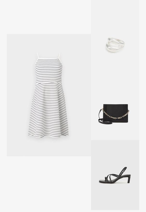 Baltā kleita ar tumši ziliem horizontāliem svītrām, plānām siksnām, pieguļošu augšdaļu un izplestu svārku. Gluda auduma ar ikdienišķu dizainu.; Melnas strappy sandales ar kvadrātveida purngaliem un zemu bloku papēdi. Ievērojamas ar vairākiem plāniem siksniņām un regulējamu potītes siksniņu. Izgatavotas no gludas ādas.; Melna ādas crossbody soma ar gludu faktūru, taisnstūrveida formu un metalizētu ķēdes detaļu priekšā. Iekļauta regulējama siksna.; Sudraba divu joslu gredzens ar gludu, pulētu virsmu. Iezīmējas ar plūstošu, izliekta dizaina struktūru ar pārklājošām sekcijām modernam izskatam.