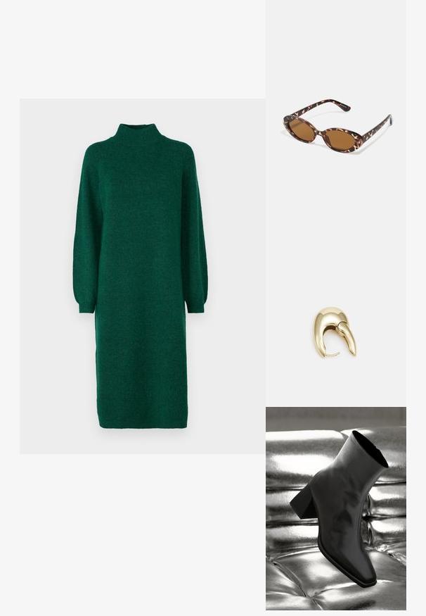 YAS YASBALIS FUNNEL DRESS - Abito in maglia - fir; Stivale alla caviglia nero realizzato in materiale lucido con punta quadrata e tacco affusolato, posizionato su uno sfondo argentato lucido con imbottiture a sfera.; Occhiali da sole in tartaruga con lenti ovali, tono marrone, bracci sottili con un motivo testurizzato, montatura in plastica leggera.; Orecchino in metallo color oro con un design elegante e curvo. Presenta una forma appuntita distintiva, superficie lucida e chiusura a cerniera.