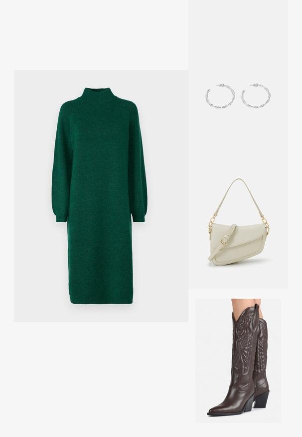 YAS YASBALIS FUNNEL DRESS - Džemperkleita - fir; Brūni ādas kovboju zābaki ar norādītu purngalu un blokveida papēdi, ar detalizētu šūšanu un paceltiem akcentiem uz kājas daļas.; Maza krēmkrāsas rokas soma ar teksturētu apdari, garu regulējamu siksniņu, ķēdes akcentu un vāciņa aizdari. Zelta aparatūras detaļas.; Sudraba gredzenveida auskari ar savītu dizainu, kas ir ar pulētu apdari un ar aizmugurēju fiksāciju. Izmērs ir aptuveni 3 cm diametrā.