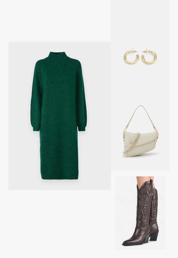 YAS YASBALIS FUNNEL DRESS - Robe pull - fir; Bottes de cowboy en cuir marron avec un bout pointu et un talon bloc, présentant des coutures détaillées et des accents en relief sur la tige.; Petit sac à main crème avec une finition texturée, une longue sangle réglable, un accent en chaîne et une fermeture à rabat. Détails en matériel doré.; Boucles d'oreilles en or avec une finition lisse et brillante. Design circulaire présentant un petit clou et une attache transparente pour un port sécurisé.