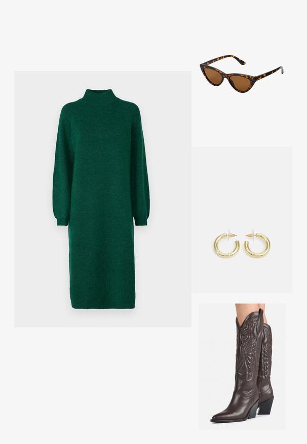 YAS YASBALIS FUNNEL DRESS - Pulóverruha - fir; Barna bőr cowboy csizmák hegyes orral és blokk sarkal, részletes varrással és kiemelkedő díszítésekkel a szárán.; Cica szemüveg fekete és narancssárga teknőc pánttal, barna lencsékkel és sima, hegyes végekkel. A templomán egy minimalista logó található.; Arany fülbevalók sima, fényes felülettel. Kör alakú dizájn, amely kis kapoccsal és átlátszó tartozékkal rendelkezik a biztonságos viselés érdekében.