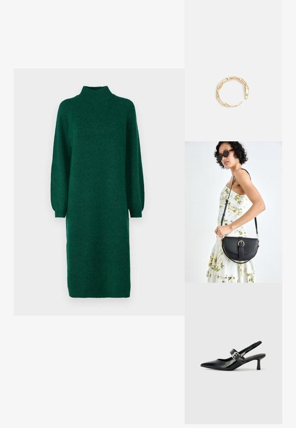 YAS YASBALIS FUNNEL DRESS - Abito in maglia - fir; Décolleté neri in vernice con punta affilata e tacco a blocco piccolo, dotati di un accentuato con fibbia argentata sulla cinturino.; Borsa a tracolla nera in pelle con una forma curva, manico rimovibile e accessori dorati. La borsa presenta una patta con un dettaglio a fibbia.; Anello in tono oro con un design organico e Twisted, caratterizzato da una superficie liscia e punte affusolate, che crea un aspetto moderno e scultoreo.