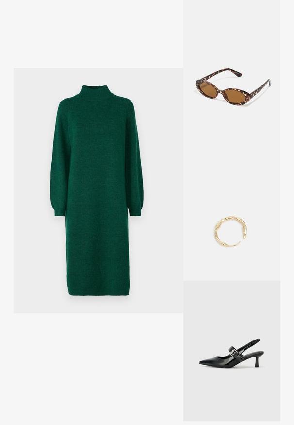 YAS YASBALIS FUNNEL DRESS - Robe pull - fir; Escarpins slingback en cuir verni noir avec un bout pointu et un petit talon bloc, mettant en avant un accent en boucle argentée sur la sangle.; Lunettes de soleil en écaille de tortue avec des verres ovales, teintés de marron, branches fines avec un motif texturé, monture en plastique légère.; Bague en or ornée d'un design organique et torsadé, avec une texture lisse et des extrémités effilées, créant une apparence moderne et sculpturale.