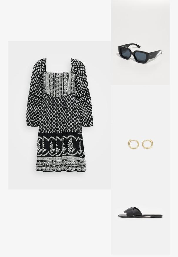 Črna obleka z belimi cvetličnimi vzorci, kvadratnim izrezom, napihnjenimi rokavi in razširjenim krilom z okrasnimi dodatki.; Črne natikače brez zadrge s križnim trakom. Narejene so iz gladke usnja z ravnim podplatom in minimalnim šivanjem. Preprost, odprt dizajn za prste.; Črne velike sončne očala z geometrijskim dizajnom, pravokotnimi lečami in sijočo površino. Brez vidne blagovne znamke spredaj.; Zlate uhane v obliki obroča z gladkim, zaobljenim dizajnom. Imajo majhen zatič za zapiranje, težijo k lahkemu izgleda in imajo polirano površino.