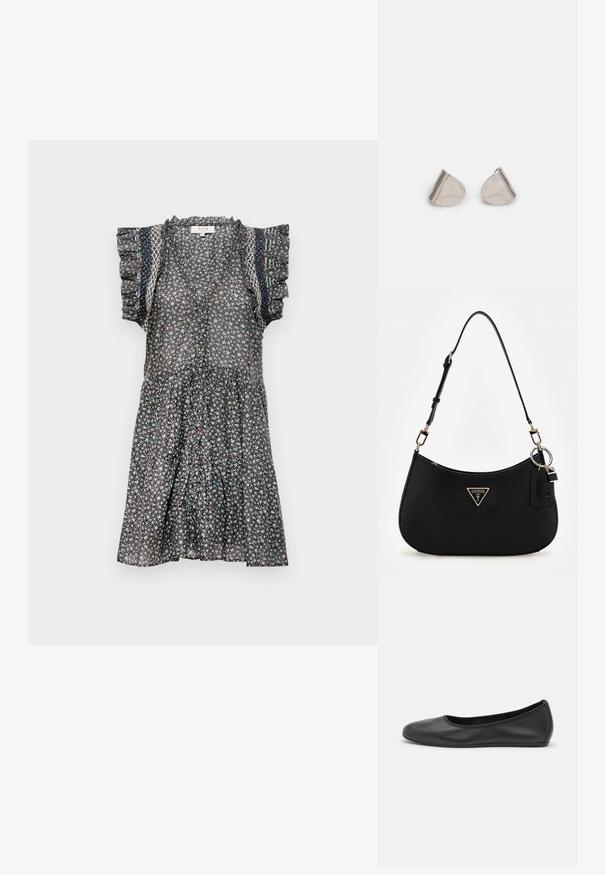 Vestido floral hecho de una tela ligera, que cuenta con mangas cortas con volantes, un escote en V y una silueta A fluida en colores oscuros.; Bailarina de piel negra con punta redondeada, textura suave, detalle de costura minimalista y diseño de suela flexible.; Bolso de hombro sintético negro con una silueta curvada, acabado texturizado, logo triangular dorado y acentos de hardware desmontables.; Pendientes de metal plateado con una forma suave de lágrima y un acabado pulido. Grabados sutiles añaden detalle. Diseño minimalista.