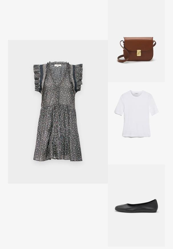 Robe fleurie en tissu léger, avec des manches courtes volantes, un col en V et une silhouette fluide en A dans des couleurs sombres.; T-shirt blanc à manches courtes en tissu côtelé. Col rond, coupe régulière et détails de couture subtils. Aucune motif ni graphique.; Ballerines en cuir noir avec un bout rond, texture lisse, détails de couture minimalistes et design de semelle flexible.; Sac à main en cuir marron avec une fermeture à rabat, des accents en métal doré, une bandoulière et une texture lisse. Forme rectangulaire compacte.