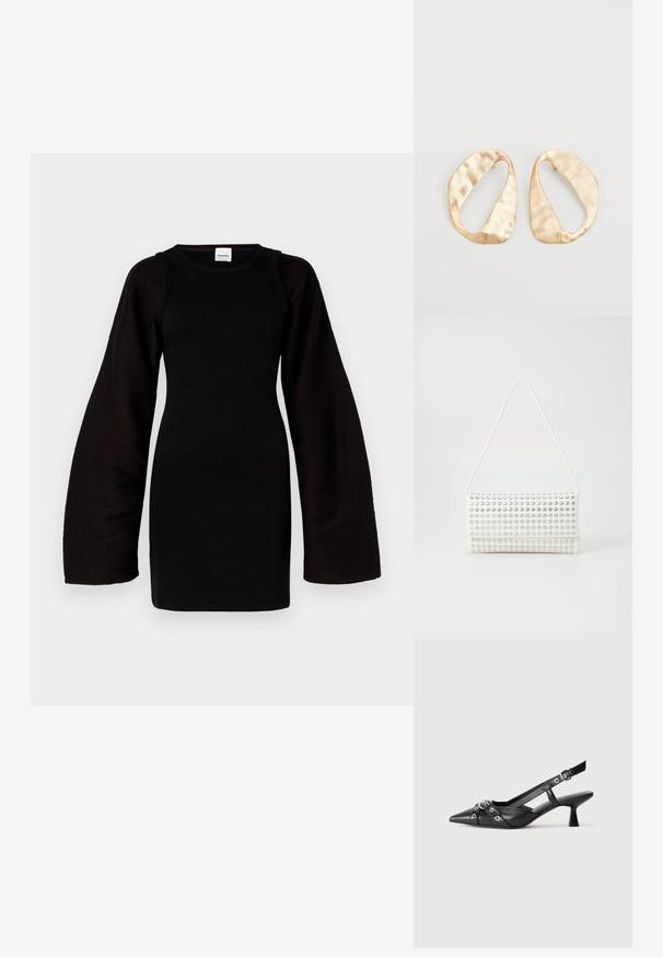 Black knitted dress with long, billowy sleeves. Ribbed texture, fitted body, round neckline. Minimalist design, no visible patterns or accents.; Black leather slingback shoe with a pointed toe, decorative straps featuring metal eyelets, and a low block heel. Textured surface.; White handbag with a rounded shape, featuring a textured surface of silver studs. It has a thin shoulder strap and a sleek closure.; Pair of irregular oval-shaped gold-toned metal earrings with a textured, slightly hammered surface on a white background.