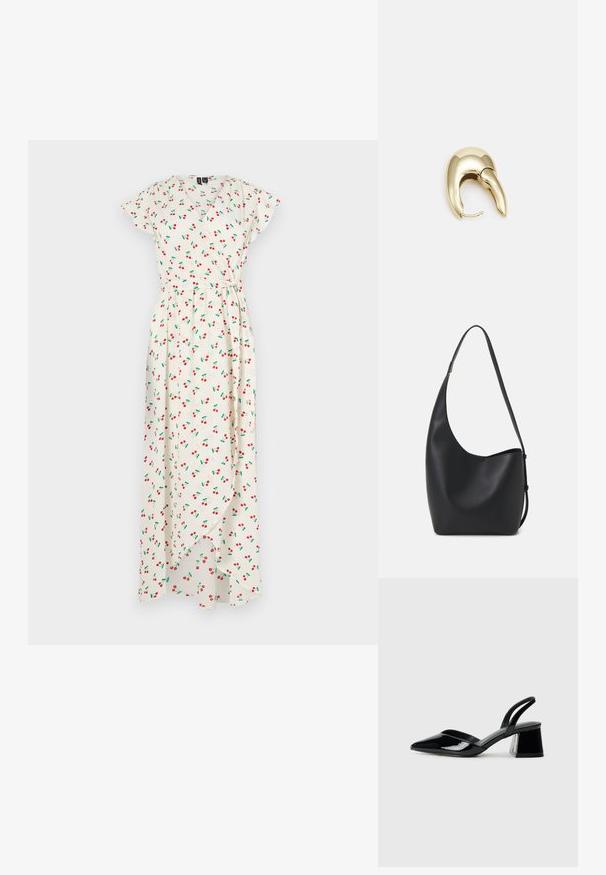 Hvit, blomstret omslagskjole med kirsebærmønster i rødt og grønt, korte ermer og asymmetrisk kant. Laget av lett stoff.; Svarte patentlær slingback hæler med spiss tå og geometrisk blokk hæl. Har et stilrent, minimalistisk design og jevn tekstur.; Svart lær hobo-veske med glatt tekstur, buet form og enkelt justerbart stropp; har en bred åpning på toppen.; Gullfarget metalløredobber med et elegant, buet design. Har en karakteristisk spiss form, polert overflate og hengsel-lukking.