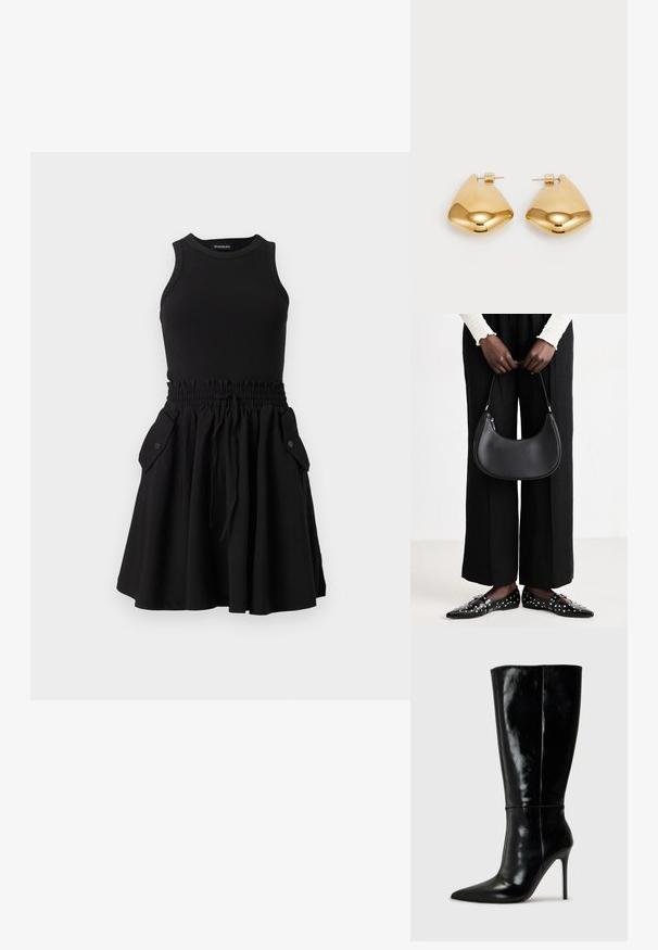 Črna brezrokavna obleka z rebrasto zgornjim delom in široko krilo. Vsebuje elastičen pas in dva stranska žepa s gumbi.; Črne usnjene škornje do kolen s koničastim nosom in visokim stiletto peto. Gladka tekstura in eleganten dizajn, ki vključuje minimalne detajle.; Črna usnjena torba za ramo z zaokroženo obliko, sijajno površino in srebrnimi dodatki. Oseba nosi črne široke hlače in loaferje s konicami.; Zlato obarvani kovinski uhani z gladko, zaobljeno trikotno obliko in zasnovo s pritrditvijo na zadnji strani; odbojna površina z minimalnim detajliranjem.