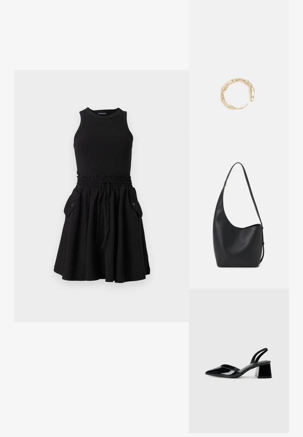 Čierne bezrukávové šaty s rebrovaným vrchom a rozšírenou sukňou. Obsahujú elastický pás a dve bočné vrecká s gombíkmi.; Čierne lakované kožené sandálové podpätky s špicatou špičkou a geometrickým blokovým podpätkom. Disponujú elegantným, minimalistickým dizajnom a hladkým povrchom.; Čierna kožená hobo taška so hladkou textúrou, zakriveným tvarom a jedným nastaviteľným popruhom; má široké otvorenie na vrchu.; Prsteň v zlatej farbe s organickým, skrúteným dizajnom, hladkým povrchom a zužujúcimi sa koncami, vytvárajúci moderný, sochársky vzhľad.