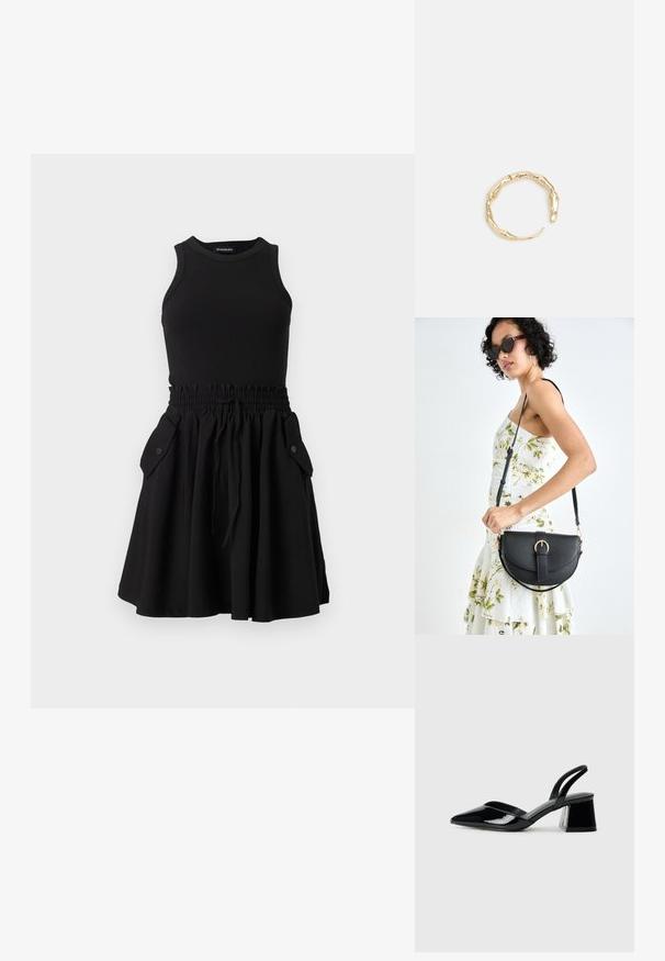 Juodas be rankovių suknelė su raukiniu viršuje ir plazdančia sijonu. Su elastine juosmens juosta ir dviem šoninėmis kišenėmis su mygtukais.; Juodos lakuotos odinės šlepetės su smailiu pirštu ir geometriniu bloko kulnu. Turi elegantišką, minimalistinį dizainą ir lygų paviršių.; Juodas odinis krepšys su išlenkta forma, nuimamu dirželiu ir auksiniais detalėmis. Krepšys turi kilpą su sagtimi.; Auksinės spalvos žiedas, turintis organišką, sukimosi dizainą su lygiu paviršiumi ir siaurėjančiais galais, sukuriantis modernią skulptūrinę išvaizdą.