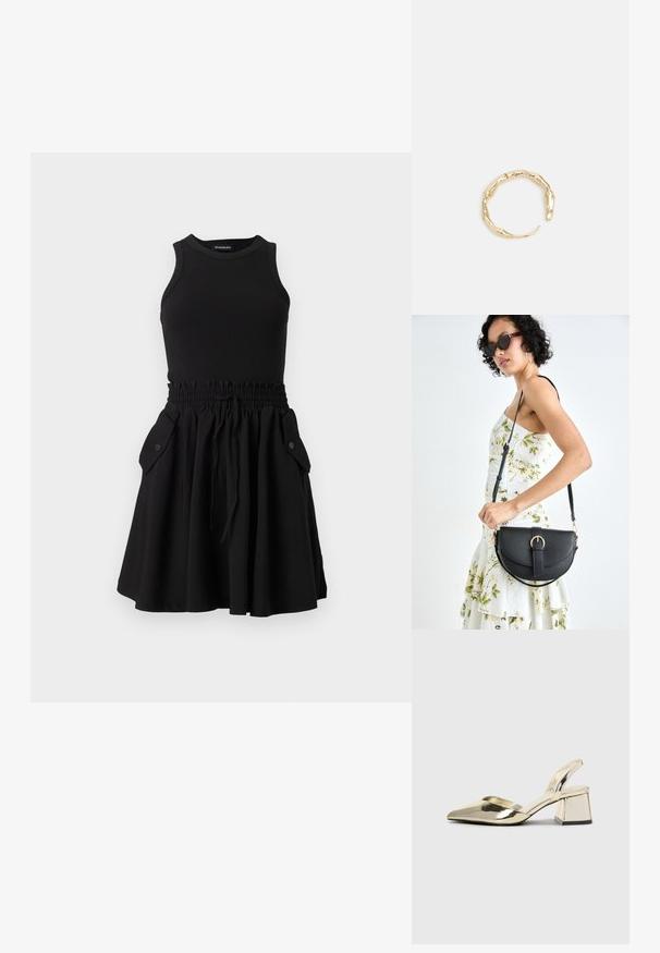 Schwarzes ärmelloses Kleid mit einem gerippten Oberteil und einem schwingenden Rock. Es verfügt über einen elastischen Taillenbund und zwei seitliche Taschen mit Knöpfen.; Goldene, metallische Slingback-Absätze mit spitzem Zeh und dicker Ferse. Glatte Textur, minimalistisches Design und ein schmaler Riemen.; Schwarze Lederhandtasche mit geschwungener Form, abnehmbarem Tragegurt und goldenen Beschlägen. Die Tasche verfügt über einen Deckel mit einer Schnallen-Details.; Goldfarbener Ring mit einem organischen, gedrehten Design, glatter Oberfläche und sich verjüngenden Enden, was ein modernes, skulpturales Erscheinungsbild erzeugt.