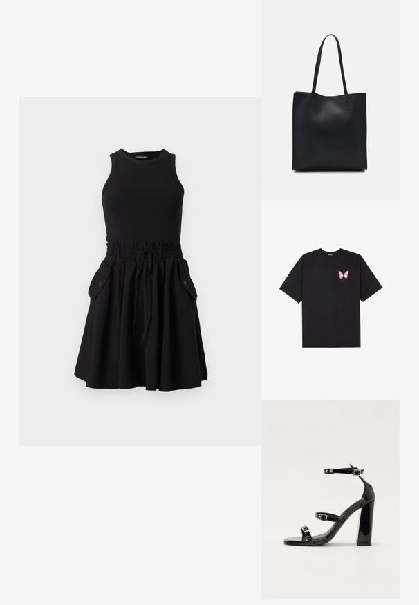 Melna bez piedurknēm, ar ribotām piedurknēm un izplesto svārku. Iekšējā elastīgā jostasvieta un divas sānu kabatas ar pogām.; Melna kokvilnas T-krekls ar īsām piedurknēm, kuram priekšā kreisajā pusē ir neliels rozā tauriņa grafiskais attēls. Ar apaļu kaklu un brīvā stila piegriezumu.; Melnas lakotas augstpapēžu čības ar kvadrāta purngalu, potīšu siksniņām un sudraba sprādzēm. Aprīkotas ar masīvu bloku papēdi stabilitātei.; Melnas ādas somiņa ar gludu tekstūru, taisnstūra formu un divām garām rokturiem. Nav redzamu aparatūras vai rotājumu.