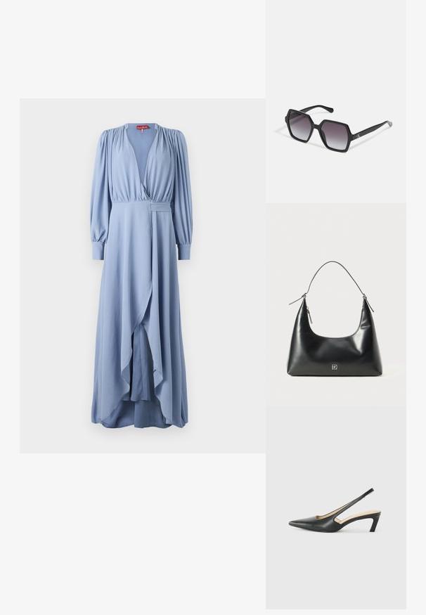 Světle modré dlouhé šaty s dlouhými nafouklými rukávy, hlubokým výstřihem do V, asymetrickým lemem a měkkou tkaninou. Obsahují boční kapsu a na ramenou jsou nařasené.; Černý špičatý slingback s nízkým podpatkem, vyrobený z hladké kůže, s výřezem na boku pro lepší prodyšnost.; Černé hexagonální sluneční brýle se stupňovitou čočkou, s lesklým povrchem a jemným logem na spánku. Odolná plastová konstrukce.; Černá hladká kožená kabelka přes rameno s zaobleným vrchem, jediným popruhem, zipovým uzávěrem a malým stříbrným logem uprostřed přední strany.